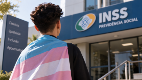 Pessoa trans em frente a uma unidade do INSS em conteúdo sobre aposentadoria para transgêneros
