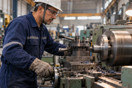 Torneiro mecânico trabalhando em torno industrial, representando a aposentadoria especial do torneiro mecânico