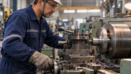 Torneiro mecânico trabalhando em torno industrial, representando a aposentadoria especial do torneiro mecânico