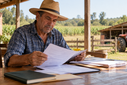 Trabalhador rural analisando documentos para comprovar atividade rural para aposentadoria