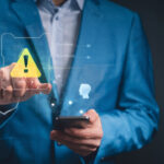Profissional aponta para um ícone de alerta digital enquanto segura um celular, representando atenção a riscos e falhas na recuperação de crédito empresarial.