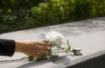 Flor branca sobre túmulo representando pensão por morte Mão colocando uma flor branca sobre um túmulo, simbolizando luto e pensão por morte no INSS.