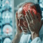 Homem com as mãos na cabeça sentindo dor intensa, com destaque visual para lesão cerebral, representando sintomas e sequelas de AVC.