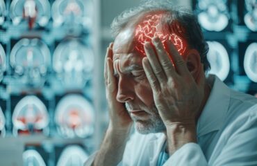 Sintomas e sequelas de AVC – ilustração de dor e impacto neurológico Homem com as mãos na cabeça sentindo dor intensa, com destaque visual para lesão cerebral, representando sintomas e sequelas de AVC.