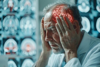 Homem com as mãos na cabeça sentindo dor intensa, com destaque visual para lesão cerebral, representando sintomas e sequelas de AVC.