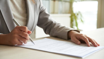 Profissional assinando contrato empresarial com foco em cláusulas que impactam a cobrança judicial.