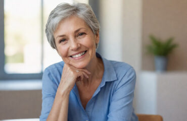 Mulher idosa sorrindo em ambiente doméstico, representando tranquilidade e planejamento para aposentadoria pelo INSS.