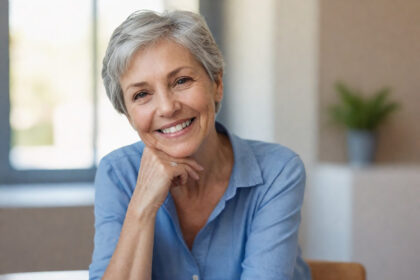 Mulher idosa sorrindo em ambiente doméstico, representando tranquilidade e planejamento para aposentadoria pelo INSS.