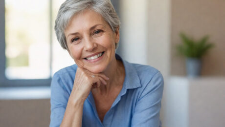 Mulher idosa sorrindo em ambiente doméstico, representando tranquilidade e planejamento para aposentadoria pelo INSS.