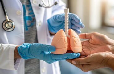 Médico segurando modelo de pulmão durante atendimento sobre tuberculose ativa e benefícios no INSS