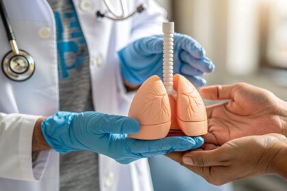 Médico segurando modelo de pulmão durante atendimento sobre tuberculose ativa e benefícios no INSS