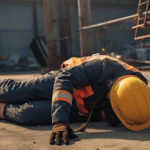 Trabalhador com uniforme de segurança e capacete amarelo caído no chão de um canteiro de obras, ilustrando uma situação de acidente de trabalho que pode gerar direito ao auxílio-acidente.