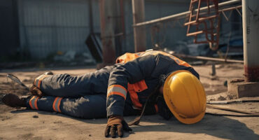 Trabalhador com uniforme de segurança e capacete amarelo caído no chão de um canteiro de obras, ilustrando uma situação de acidente de trabalho que pode gerar direito ao auxílio-acidente.