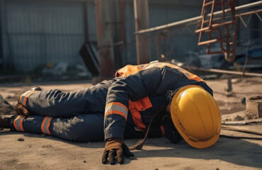 Trabalhador com uniforme de segurança e capacete amarelo caído no chão de um canteiro de obras, ilustrando uma situação de acidente de trabalho que pode gerar direito ao auxílio-acidente.