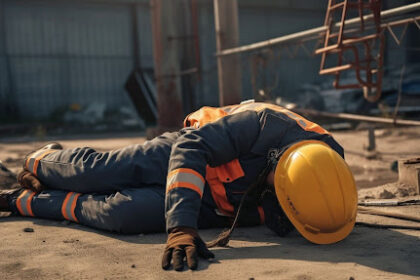 Trabalhador com uniforme de segurança e capacete amarelo caído no chão de um canteiro de obras, ilustrando uma situação de acidente de trabalho que pode gerar direito ao auxílio-acidente.