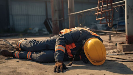 Trabalhador com uniforme de segurança e capacete amarelo caído no chão de um canteiro de obras, ilustrando uma situação de acidente de trabalho que pode gerar direito ao auxílio-acidente.