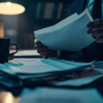 Close das mãos de um homem de terno manuseando pilhas de documentos e faturas sobre uma mesa de escritório escura, iluminada apenas por uma luminária de mesa, sugerindo análise financeira noturna e dívidas empresariais.