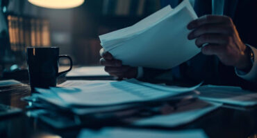 Penhora de faturamento da empresa Close das mãos de um homem de terno manuseando pilhas de documentos e faturas sobre uma mesa de escritório escura, iluminada apenas por uma luminária de mesa, sugerindo análise financeira noturna e dívidas empresariais.