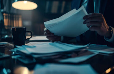 Close das mãos de um homem de terno manuseando pilhas de documentos e faturas sobre uma mesa de escritório escura, iluminada apenas por uma luminária de mesa, sugerindo análise financeira noturna e dívidas empresariais.
