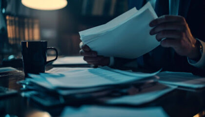 Close das mãos de um homem de terno manuseando pilhas de documentos e faturas sobre uma mesa de escritório escura, iluminada apenas por uma luminária de mesa, sugerindo análise financeira noturna e dívidas empresariais.