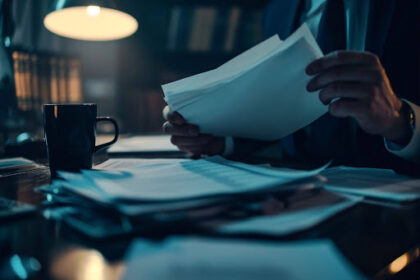 Close das mãos de um homem de terno manuseando pilhas de documentos e faturas sobre uma mesa de escritório escura, iluminada apenas por uma luminária de mesa, sugerindo análise financeira noturna e dívidas empresariais.