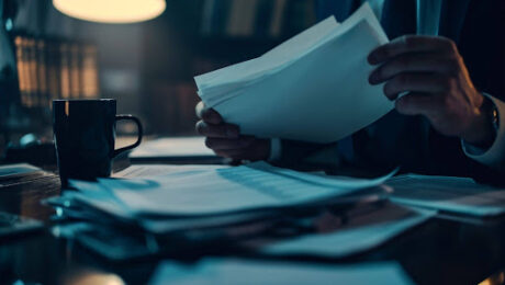 Close das mãos de um homem de terno manuseando pilhas de documentos e faturas sobre uma mesa de escritório escura, iluminada apenas por uma luminária de mesa, sugerindo análise financeira noturna e dívidas empresariais.