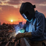 Metalúrgico com máscara de proteção e luvas operando máquina de solda em ambiente industrial, com faíscas ao redor, representando o trabalho sob condições especiais.