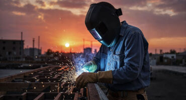 Metalúrgico com máscara de proteção e luvas operando máquina de solda em ambiente industrial, com faíscas ao redor, representando o trabalho sob condições especiais.