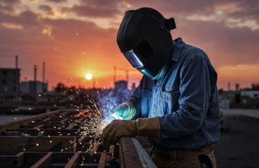Metalúrgico com máscara de proteção e luvas operando máquina de solda em ambiente industrial, com faíscas ao redor, representando o trabalho sob condições especiais.