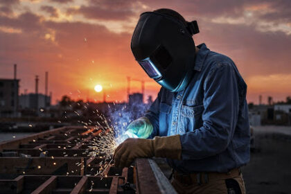 Metalúrgico com máscara de proteção e luvas operando máquina de solda em ambiente industrial, com faíscas ao redor, representando o trabalho sob condições especiais.