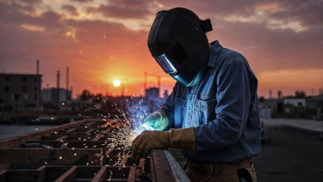 Metalúrgico com máscara de proteção e luvas operando máquina de solda em ambiente industrial, com faíscas ao redor, representando o trabalho sob condições especiais.