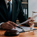 Advogado em traje formal analisando documentos sobre mesa de madeira, com balança da justiça e martelo ao lado, representando a auditoria de passivo trabalhista na sucessão de empresas.