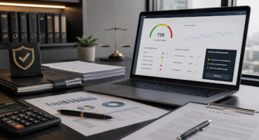 Notebook com painel de análise de risco de crédito, relatórios financeiros e contrato sobre a mesa